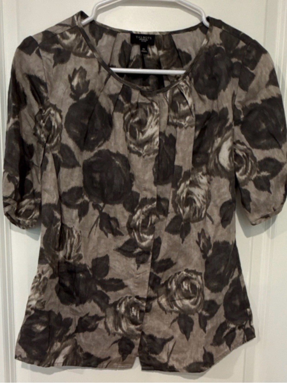 Talbots Taupe and Charcoal Floral Scoop-Neck Blouse